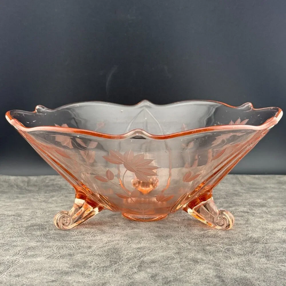 8.25 Footed Lancaster Jubilee Pink Depression Glass Floral Etched Bowl 1930s VTG